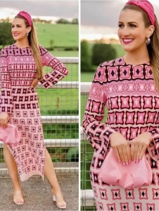 Zara Pink Geometric Midi Maxi Dress Size S - Picture 4 of 9